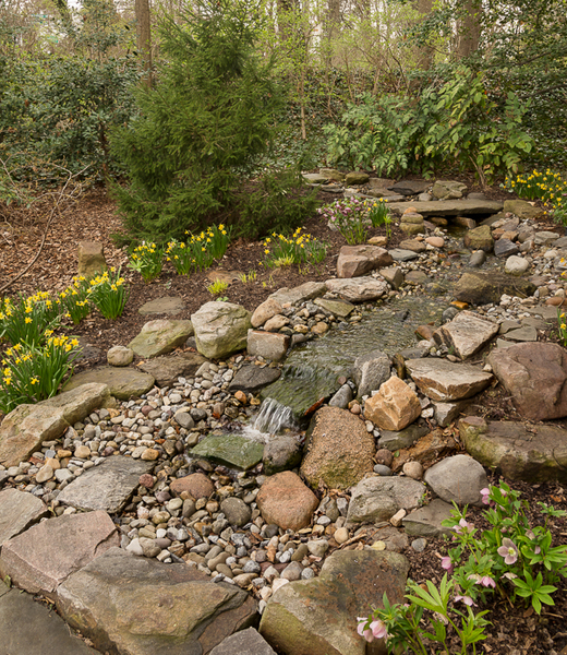 This stream and waterfall end in a rocky bed, eliminating the need to frequently clean a pond.
